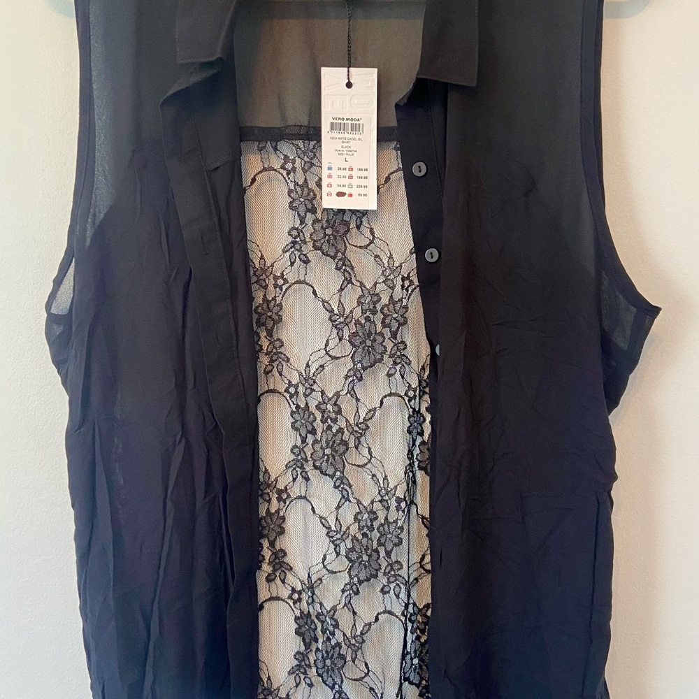 Vero Moda - Black Sheer Sleeveless Blouse with Lace Detail - size large BNWT